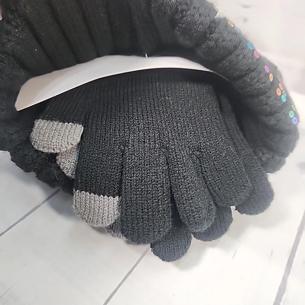 Justice Girls Rainbow Sequin Ribbed Beanie w/ faux fur & Gloves 2-Piece Set BLK